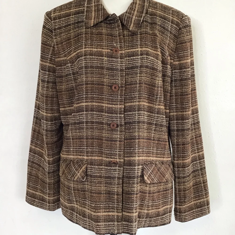 SAG HARBOR Vintage Women Brown Plaid Career Blazer, Size 14 - Picture 6 of 13